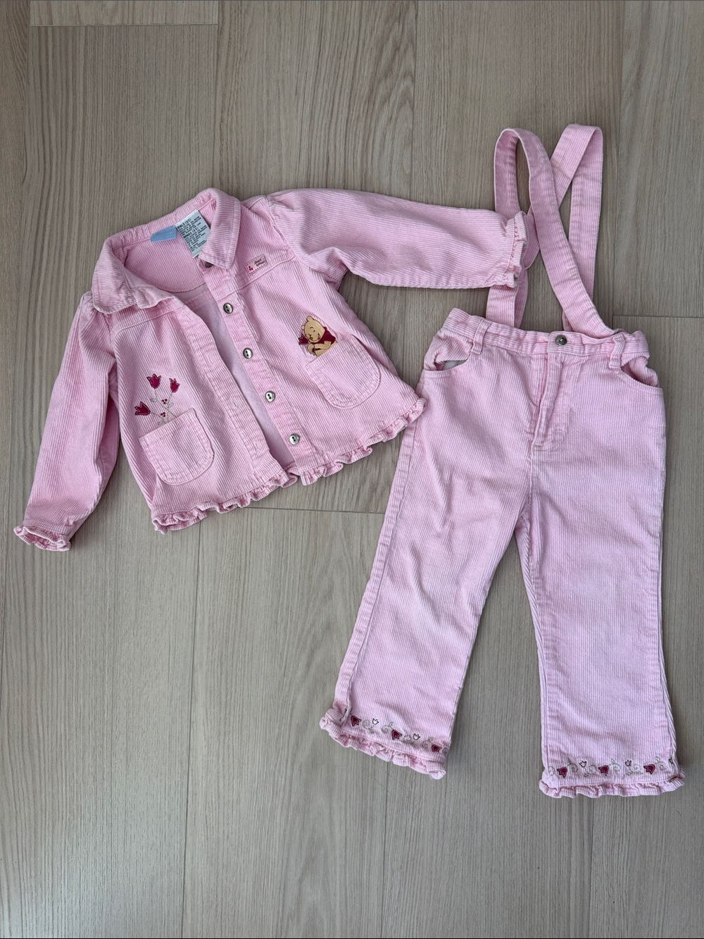 Vintage Disney Winnie the Pooh Girls 3T Pink Corduroy Suspender Pants Jacket Set